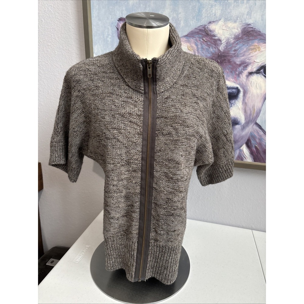 Willi‎ Smith Women's M Brown Gray Full Zip Wool Blend Short Sleeve Knit Sweater